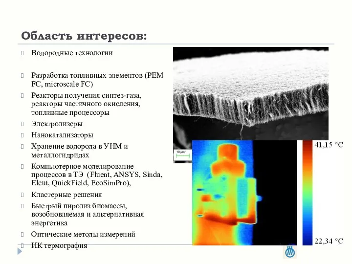 Область интересов: Водородные технологии Разработка топливных элементов (PEM FC, microscale FC)