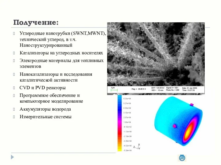 Получение: Углеродные нанотрубки (SWNT,MWNT), технический углерод, в т.ч. Наноструктурированный Катализаторы на