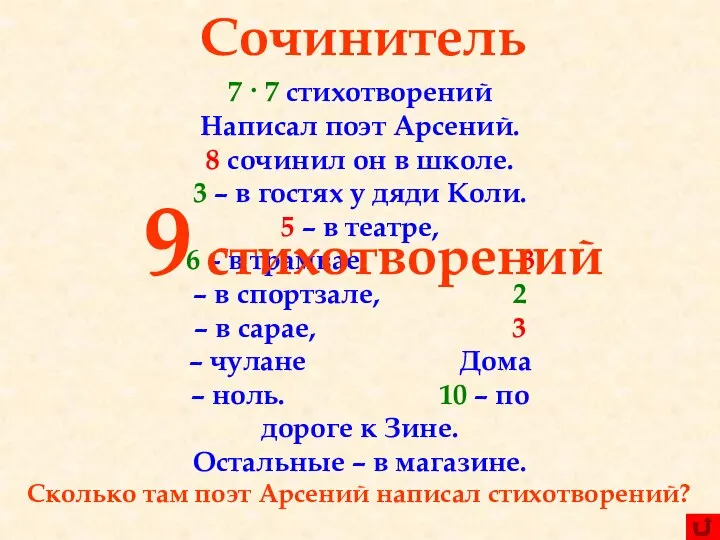 7 · 7 стихотворений Написал поэт Арсений. 8 сочинил он в