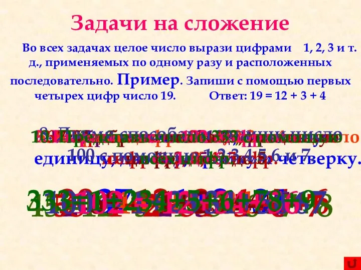 Задачи на сложение Во всех задачах целое число вырази цифрами 1,