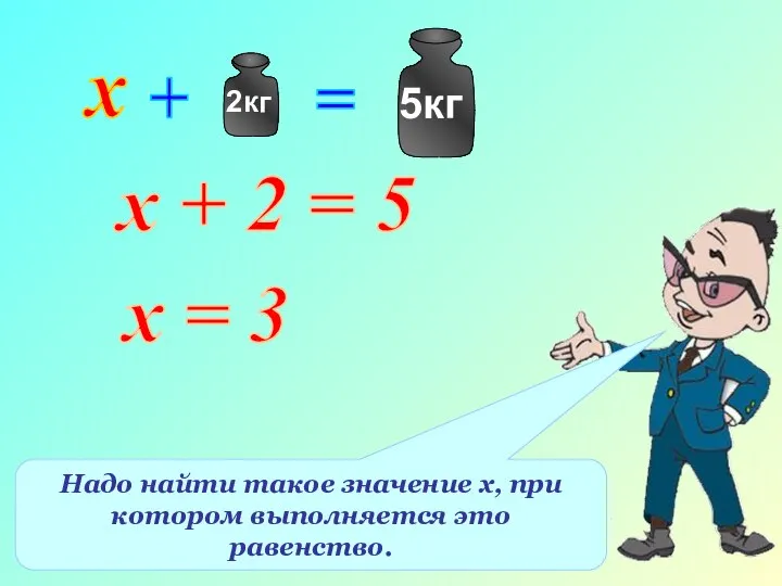 х + 2 = 5 Надо найти такое значение х, при