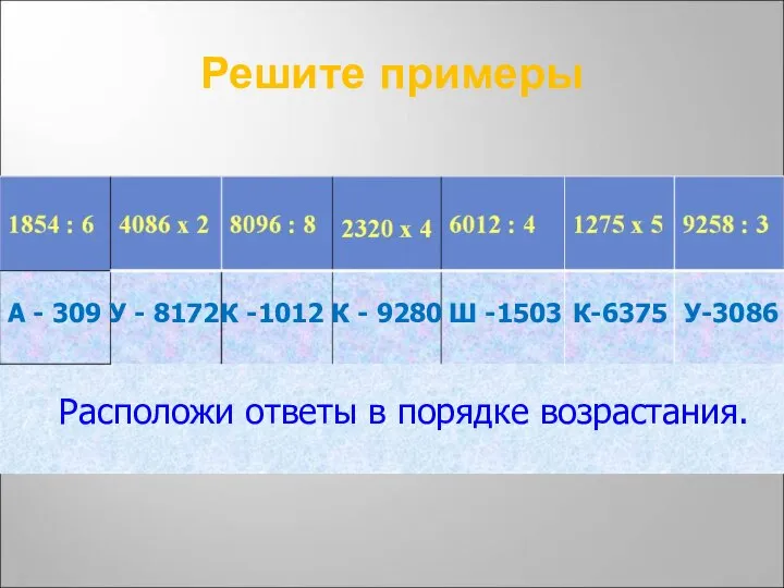 Решите примеры А - 309 У - 8172 К -1012 К