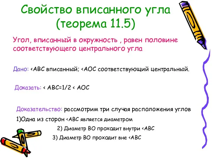 Свойство вписанного угла (теорема 11.5) Угол, вписанный в окружность , равен