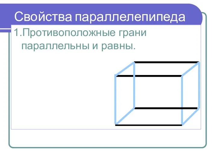 Свойства параллелепипеда 1.Противоположные грани параллельны и равны.