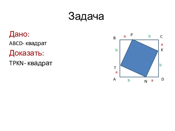Задача Дано: ABCD- квадрат Доказать: TPKN- квадрат A B C D