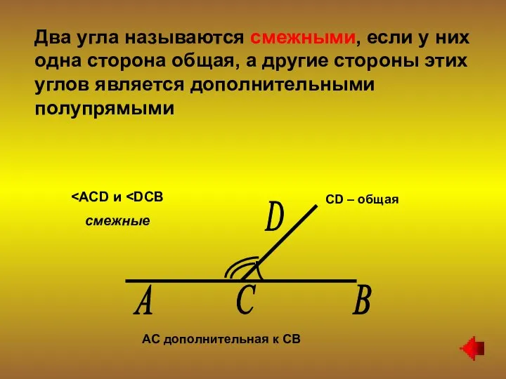 Два угла называются смежными, если у них одна сторона общая, а