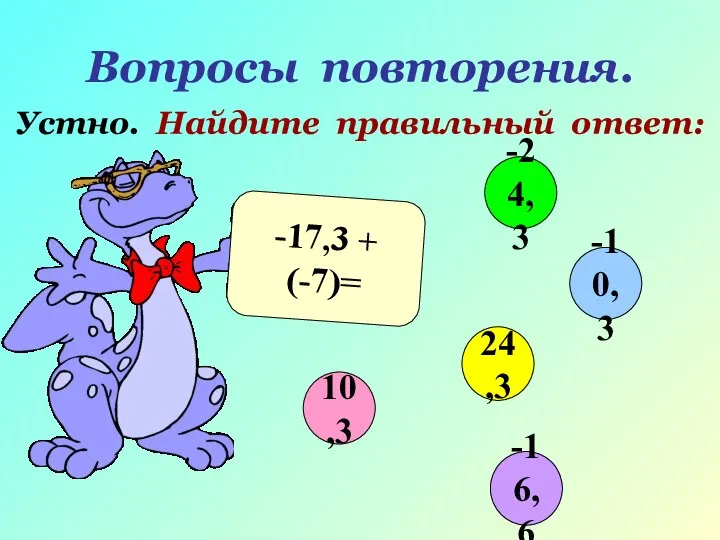 Вопросы повторения. Устно. Найдите правильный ответ: -17,3 + (-7)= 10,3 -10,3 24,3 -24,3 -16,6