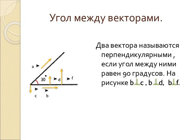 Угол между векторами. Два вектора называются перпендикулярными , если угол между