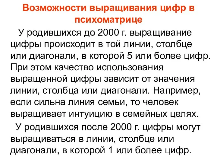 Возможности выращивания цифр в психоматрице У родившихся до 2000 г. выращивание