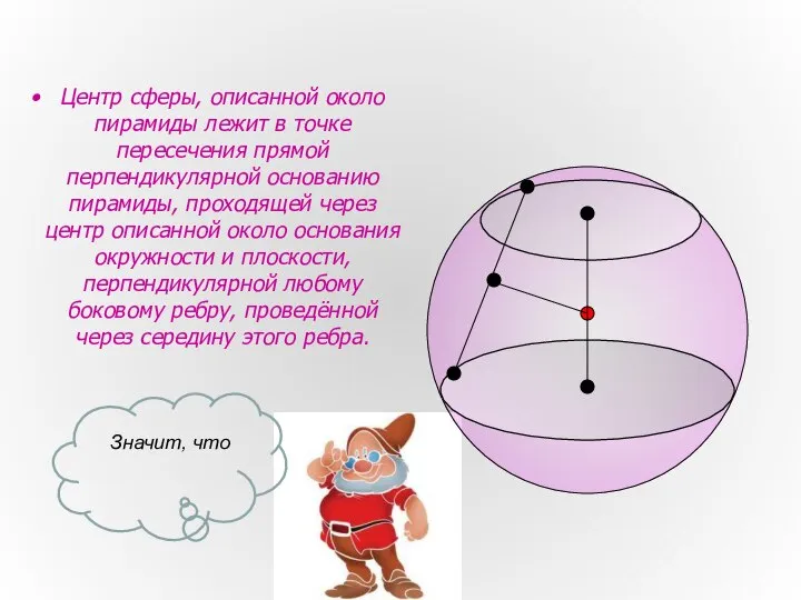 Центр сферы, описанной около пирамиды лежит в точке пересечения прямой перпендикулярной