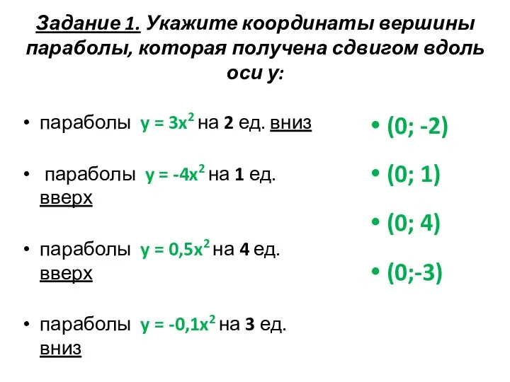 Задание 1. Укажите координаты вершины параболы, которая получена сдвигом вдоль оси