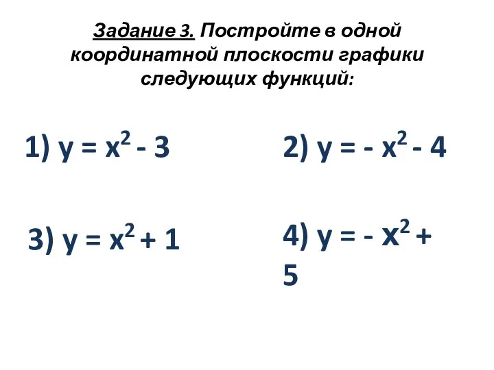 Задание 3. Постройте в одной координатной плоскости графики следующих функций: 1)