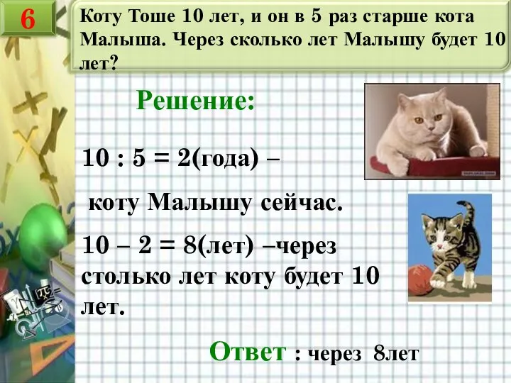 Коту Тоше 10 лет, и он в 5 раз старше кота