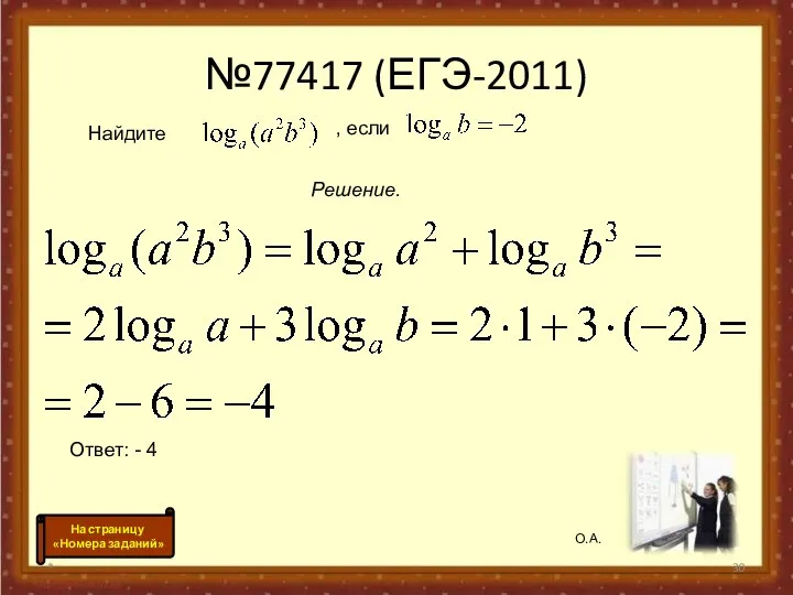 №77417 (ЕГЭ-2011) * Найдите , если Решение. Ответ: - 4 О.А. На страницу «Номера заданий»