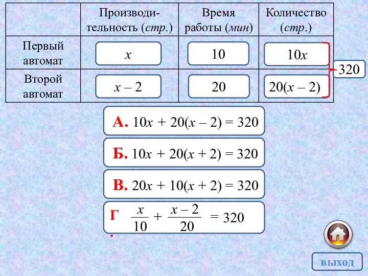 А. 10х + 20(х – 2) = 320 Б. 10х +