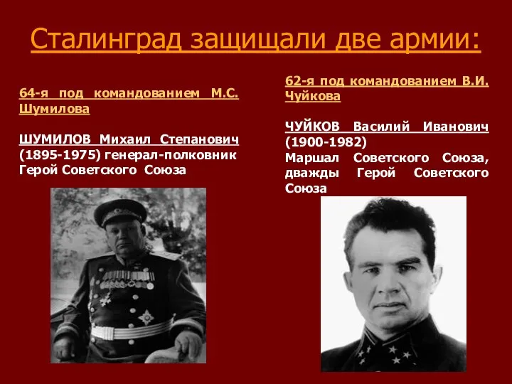 Сталинград защищали две армии: 62-я под командованием В.И. Чуйкова ЧУЙКОВ Василий