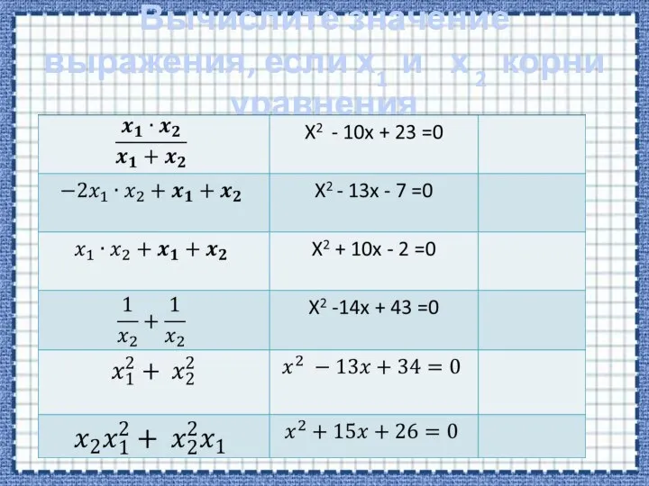 Вычислите значение выражения, если х1 и х 2 корни уравнения
