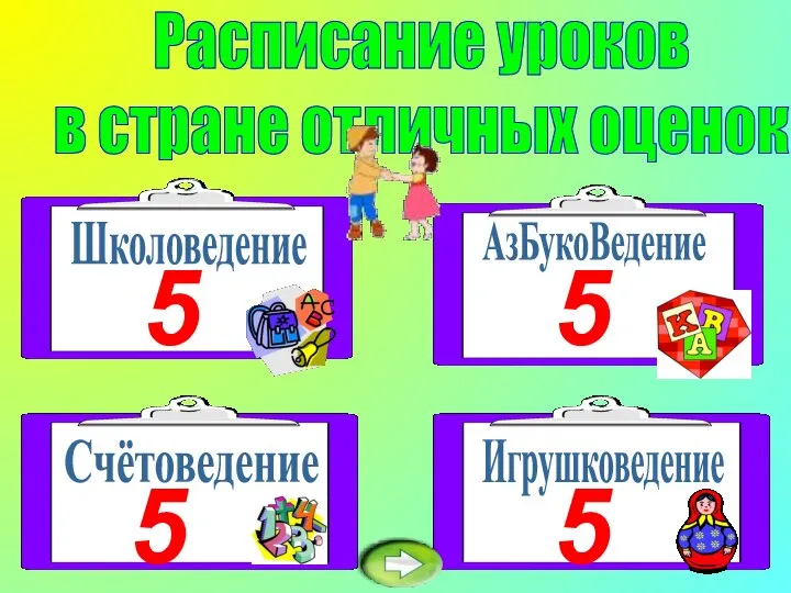 Расписание уроков в стране отличных оценок Школоведение Игрушковедение Счётоведение АзБукоВедение 5 5 5 5