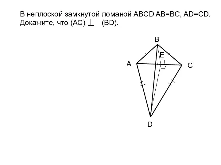 В неплоской замкнутой ломаной ABCD AB=BC, AD=CD. Докажите, что (АС) (BD). В А Е С D