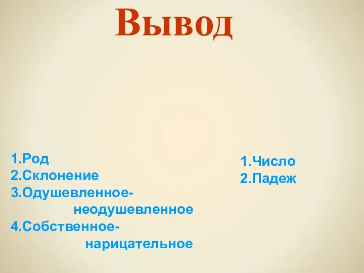 Вывод 1.Род 2.Склонение 3.Одушевленное- неодушевленное 4.Собственное- нарицательное 1.Число 2.Падеж