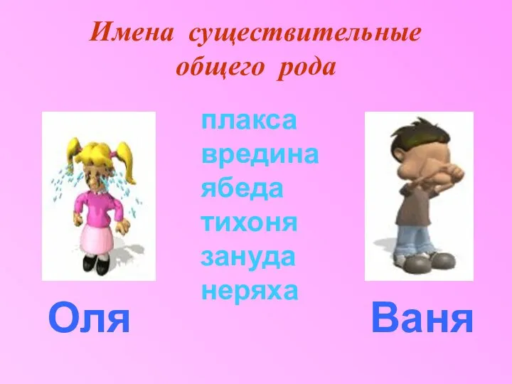 Имена существительные общего рода плакса вредина ябеда тихоня зануда неряха Оля Ваня