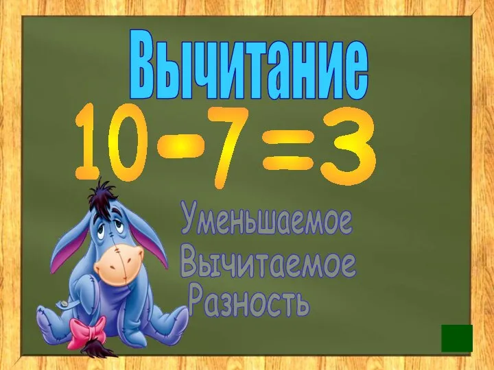 Вычитание Уменьшаемое Вычитаемое Разность 10 - 7 = 3