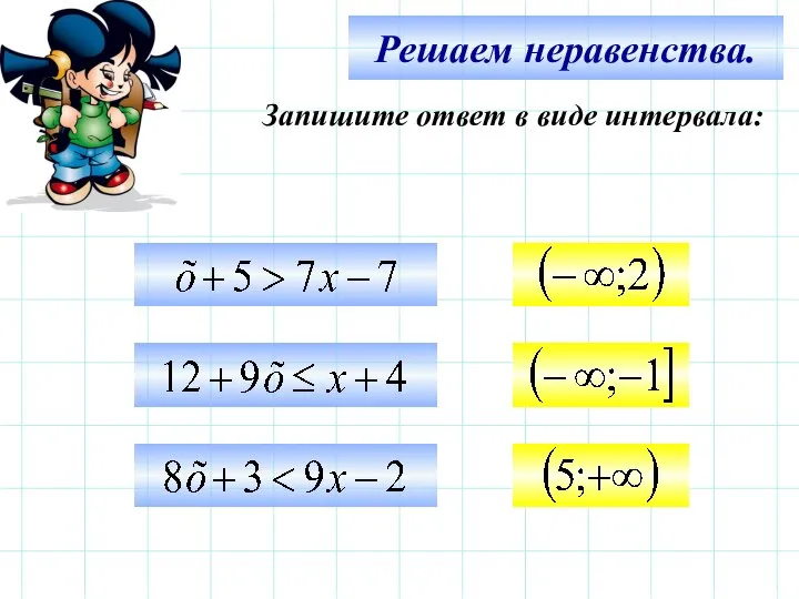 Решаем неравенства. Запишите ответ в виде интервала: