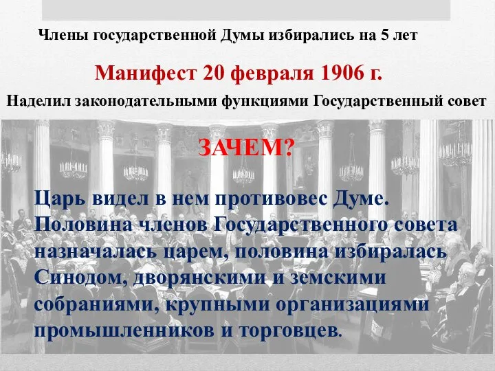 Члены государственной Думы избирались на 5 лет Манифест 20 февраля 1906