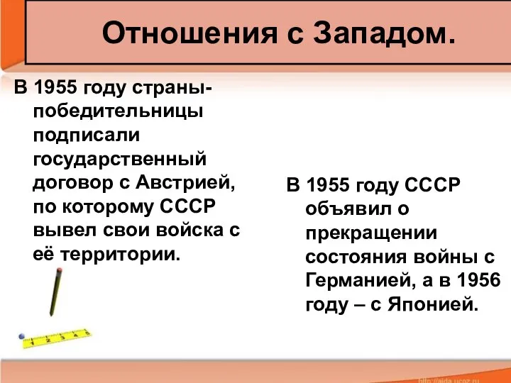 Отношения с Западом. В 1955 году страны-победительницы подписали государственный договор с