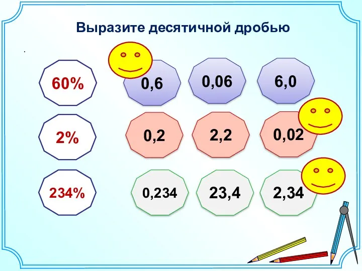 Выразите десятичной дробью . 60% 2% 234% 0,6 0,06 6,0 2,2 0,2 0,02 0,234 23,4 2,34