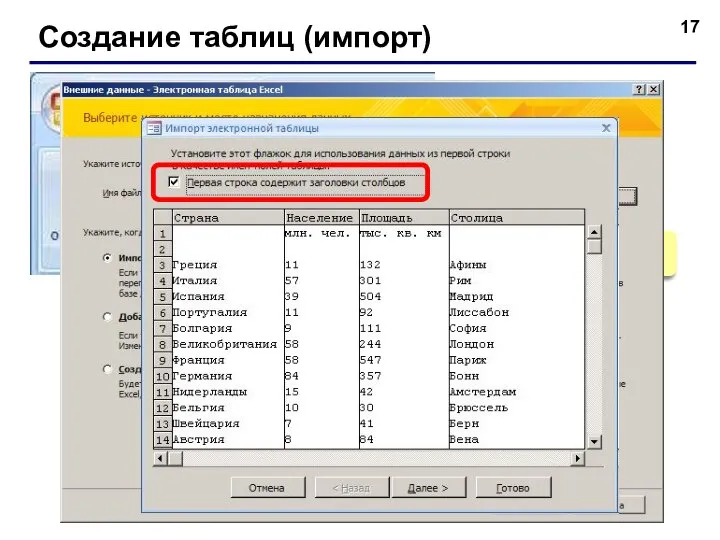 Создание таблиц (импорт) TXT-файлы XML-файлы другие форматы