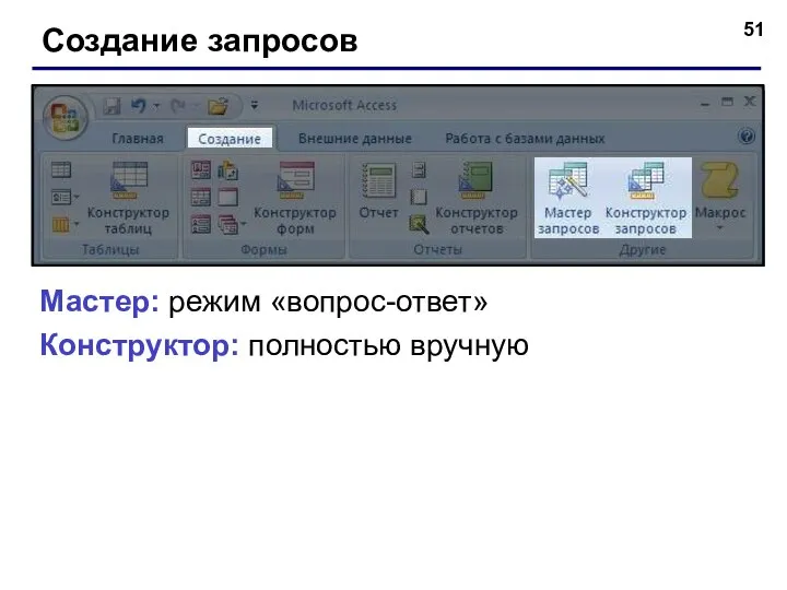 Создание запросов Мастер: режим «вопрос-ответ» Конструктор: полностью вручную