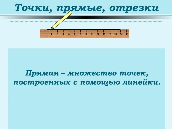 Точки, прямые, отрезки Прямая – множество точек, построенных с помощью линейки.