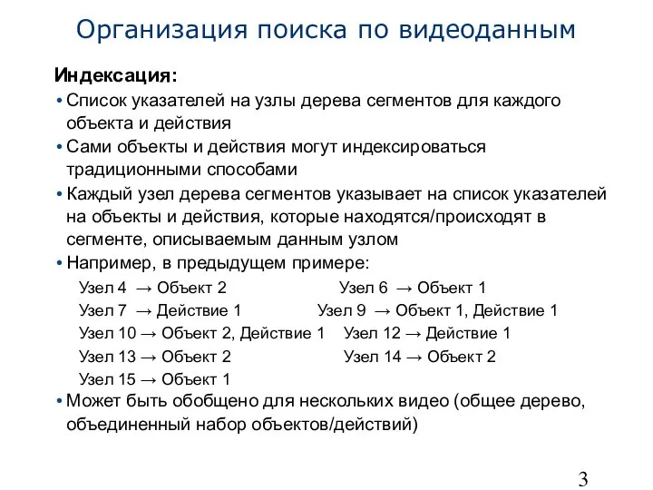 Организация поиска по видеоданным Индексация: Список указателей на узлы дерева сегментов