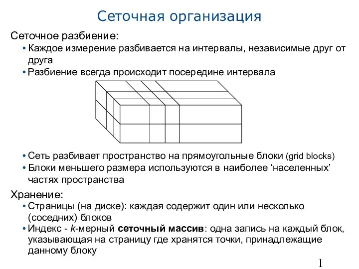 Сеточная организация Сеточное разбиение: Каждое измерение разбивается на интервалы, независимые друг