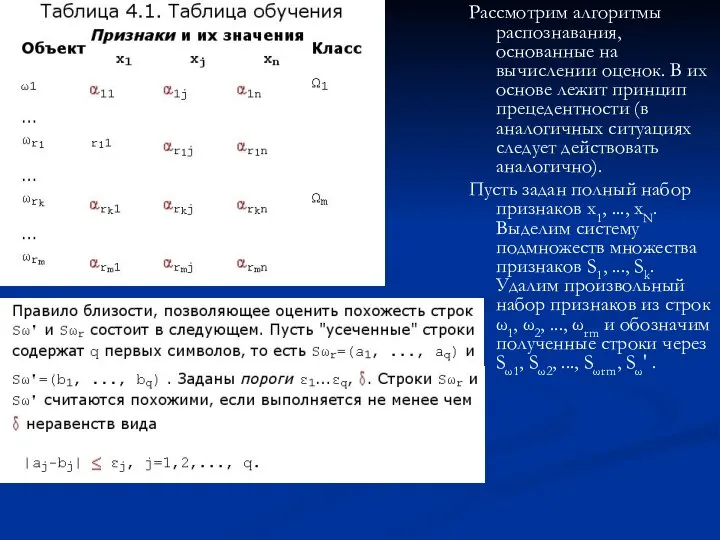 Рассмотрим алгоритмы распознавания, основанные на вычислении оценок. В их основе лежит