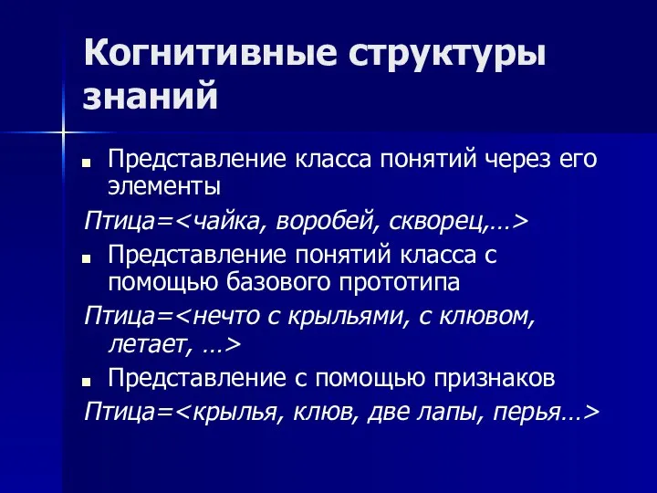 Когнитивные структуры знаний Представление класса понятий через его элементы Птица= Представление