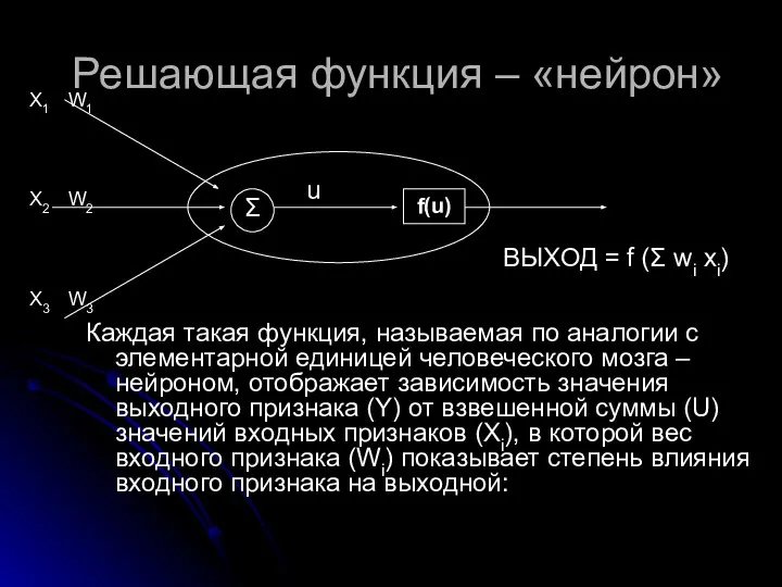 Решающая функция – «нейрон» Каждая такая функция, называемая по аналогии с