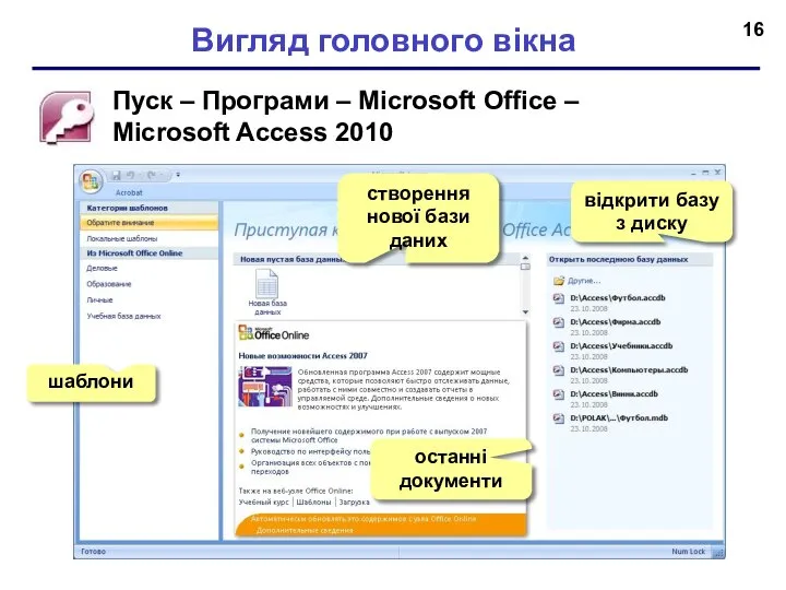 Вигляд головного вікна Пуск – Програми – Microsoft Office – Microsoft