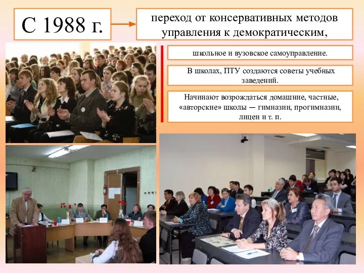 С 1988 г. переход от консервативных методов управления к демократическим, школьное