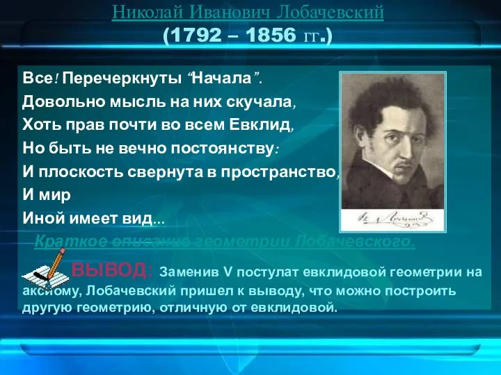 Николай Иванович Лобачевский (1792 – 1856 гг.) Все! Перечеркнуты “Начала”. Довольно