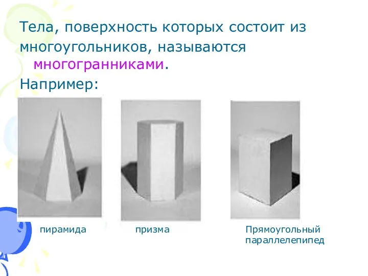 Tела, поверхность которых состоит из многоугольников, называются многогранниками. Например: пирамида Прямоугольный параллелепипед призма