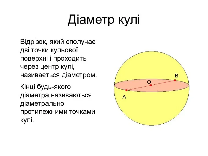 Діаметр кулі Відрізок, який сполучає дві точки кульової поверхні і проходить