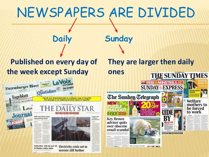 Newspapers are divided Daily Sunday Published on every day of the