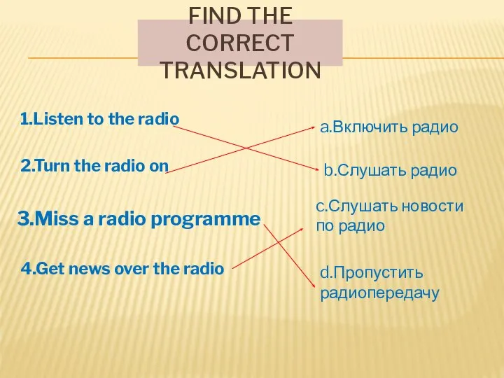Find the correct translation 3.Miss a radio programme 4.Get news over