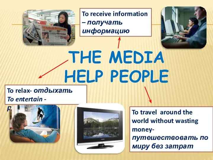 The media help people To relax- отдыхать To entertain -развлекать To