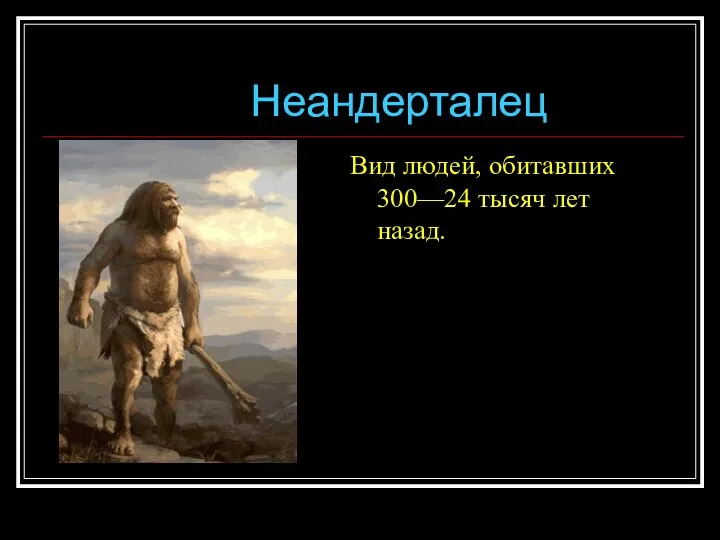 Неандерталец Вид людей, обитавших 300—24 тысяч лет назад.