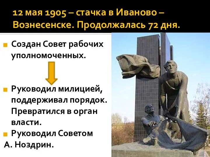 12 мая 1905 – стачка в Иваново – Вознесенске. Продолжалась 72