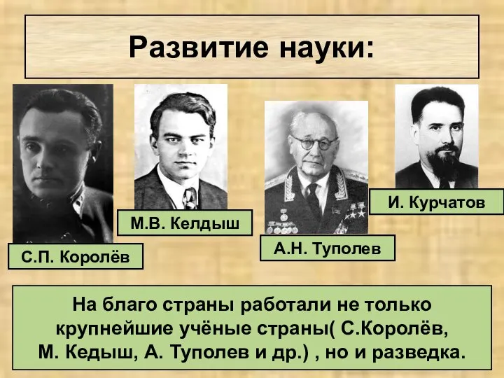 Развитие науки: С.П. Королёв М.В. Келдыш А.Н. Туполев И. Курчатов На