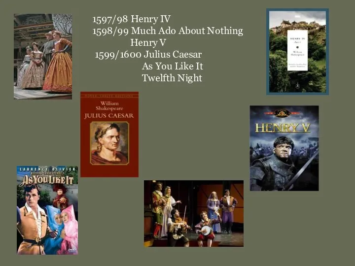 1597/98 Henry IV 1598/99 Much Ado About Nothing Henry V 1599/1600